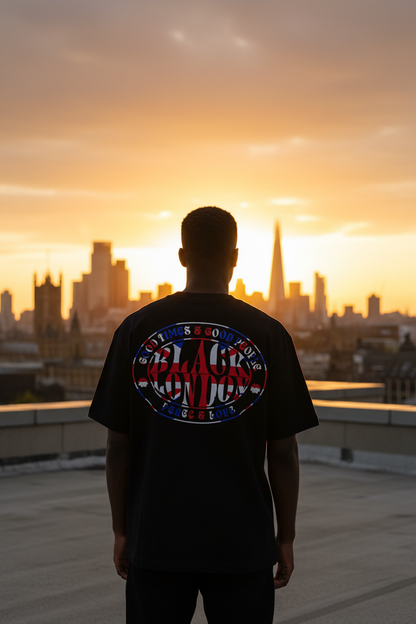 model wearing Black London Union Jack graphic t shirt in black