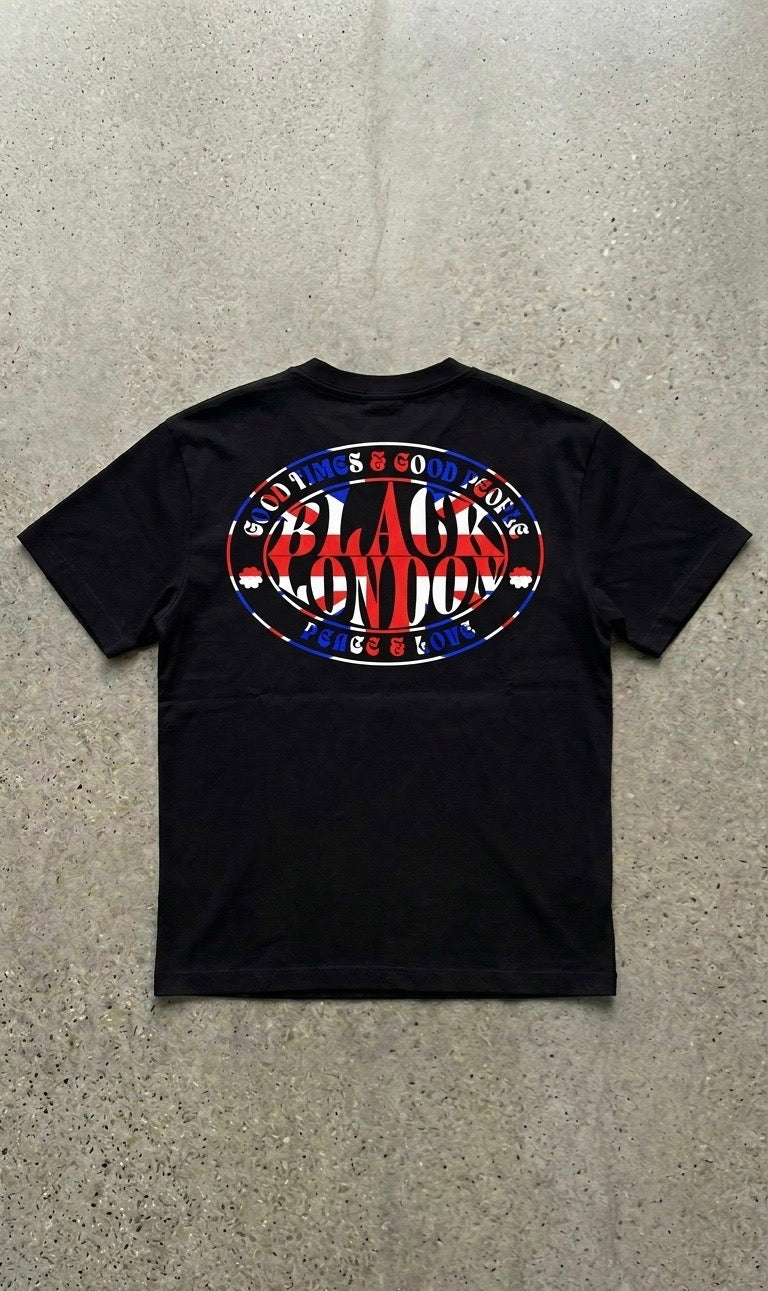 model wearing Black London Union Jack graphic t shirt in black 