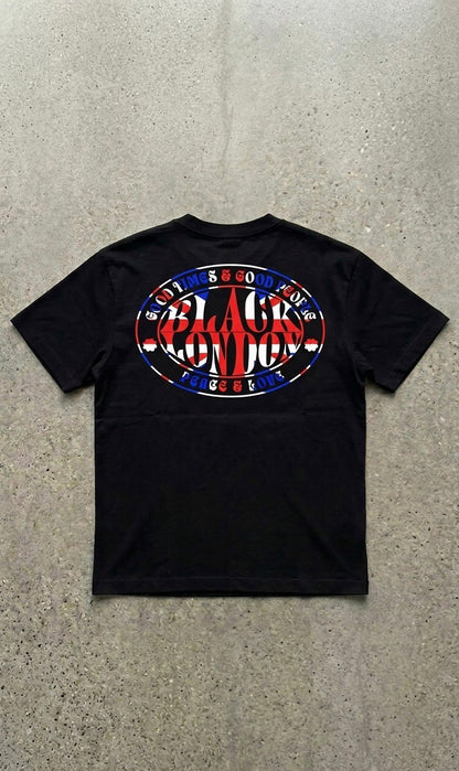 model wearing Black London Union Jack graphic t shirt in black 