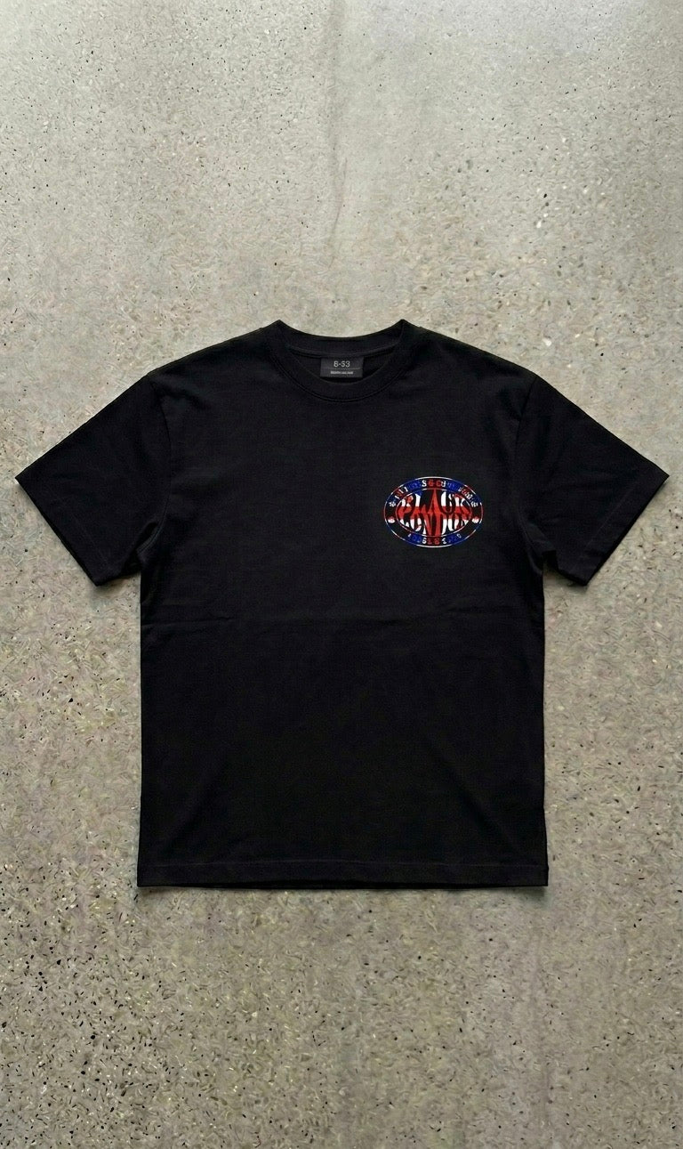 model wearing Black London Union Jack graphic t shirt in black 