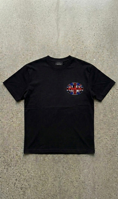 model wearing Black London Union Jack graphic t shirt in black 